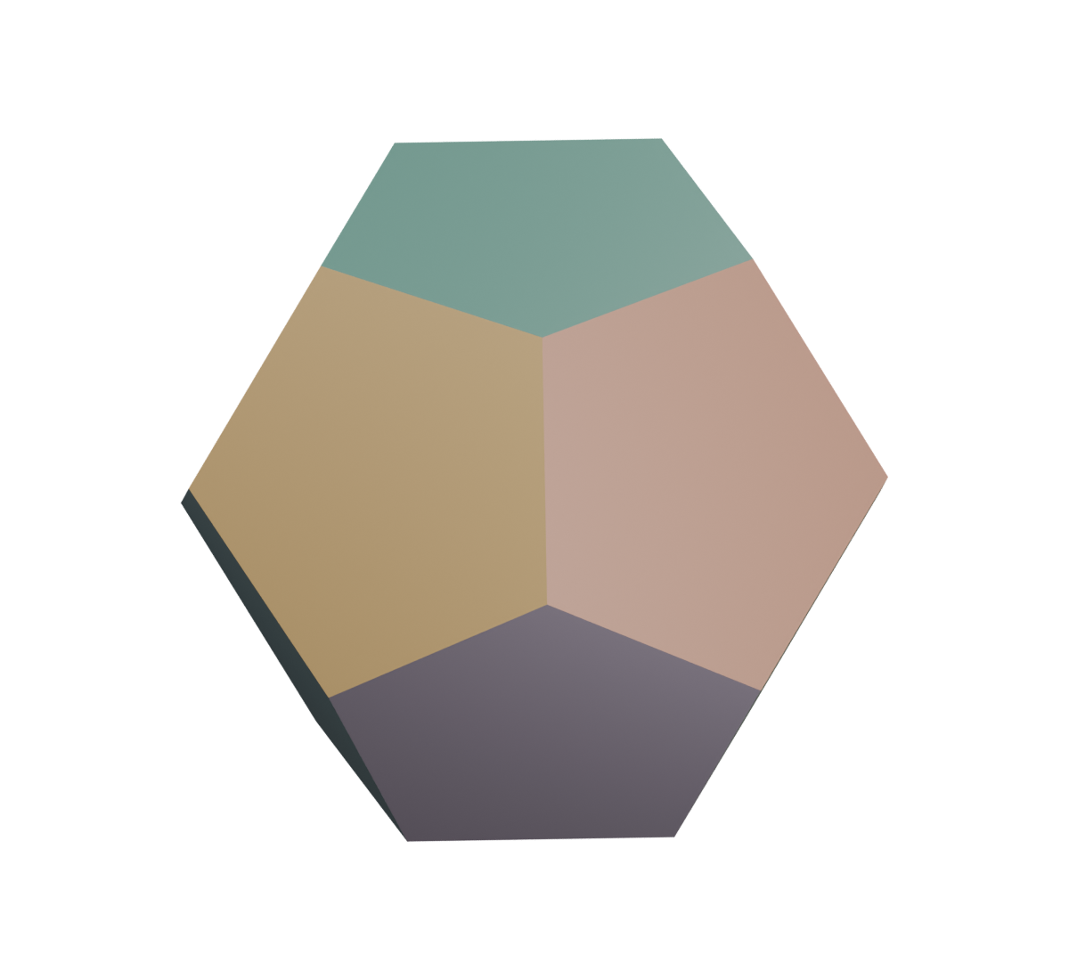 A regular dodecahedron with twelve flat pentagonal faces.