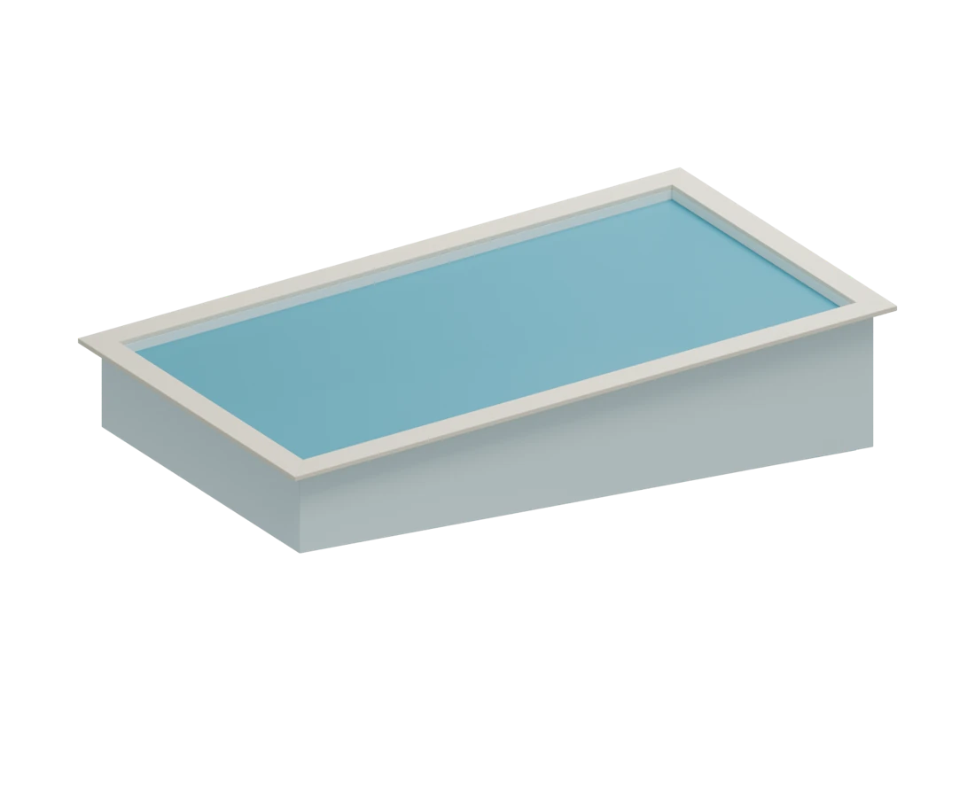 Complete rectangular pool with a sloping floor, blue water, and pale stone coping