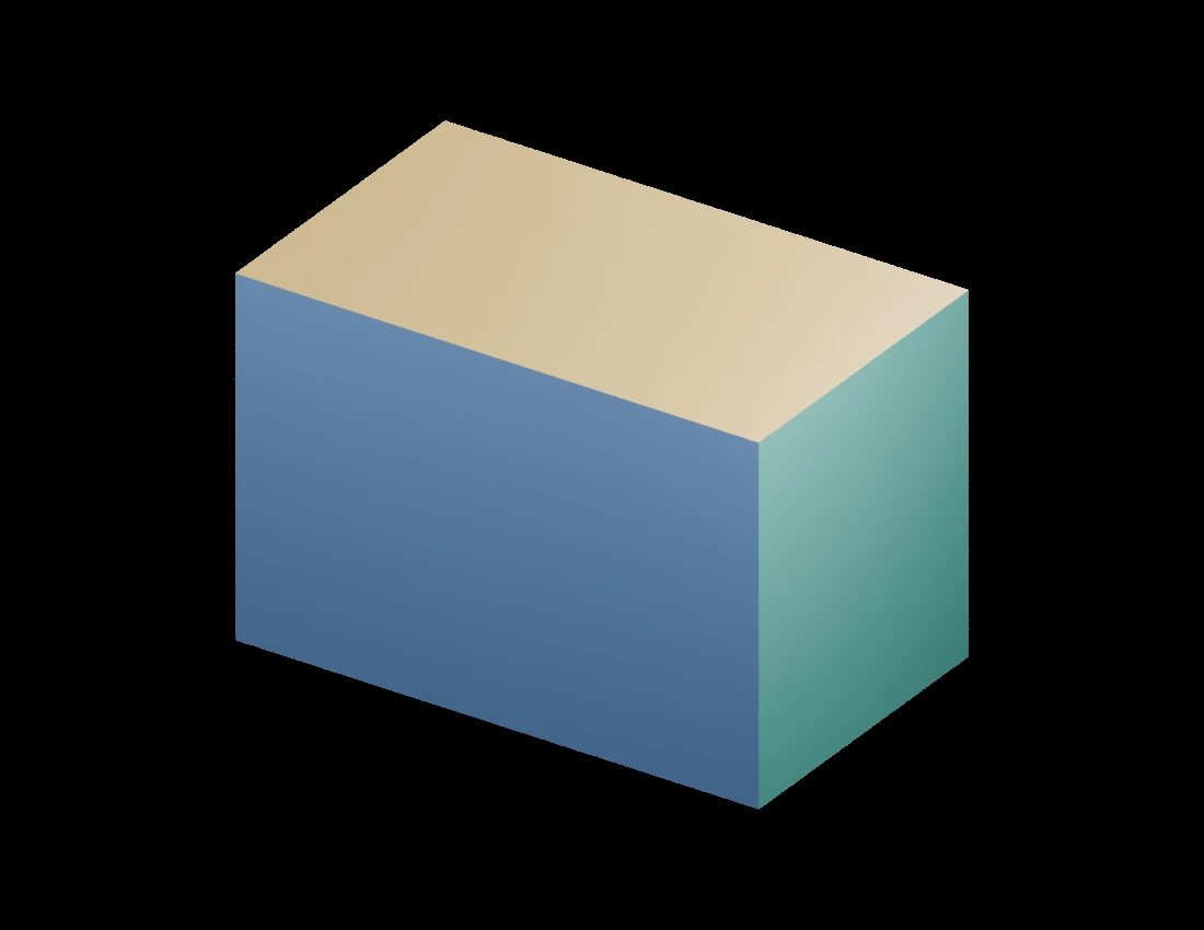 Rectangular prism showing its rectangular front, right and top faces; opposite faces match in size and shape.