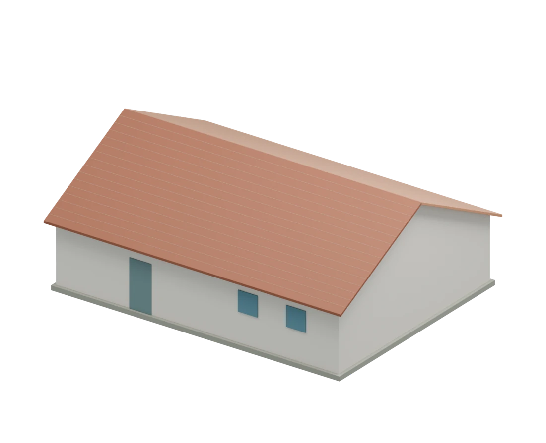 Complete gable roof on a simple house, with two contrasting pitched planes and visible eaves