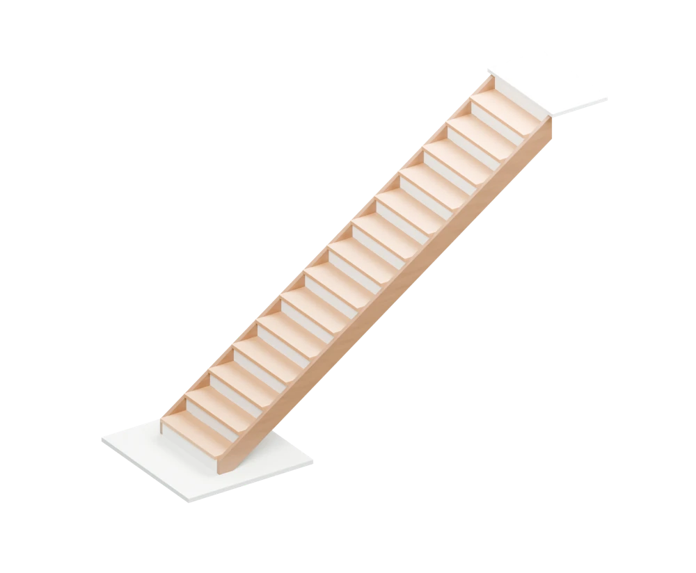 Complete straight staircase with wood treads, pale risers, two side stringers, and an upper floor
